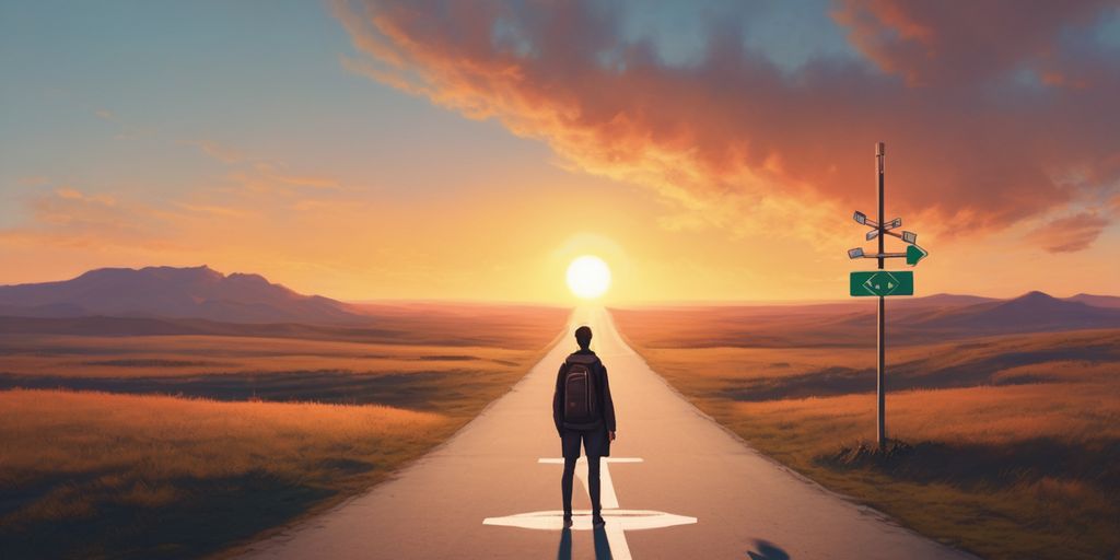 person standing at a crossroads with sunrise in the background