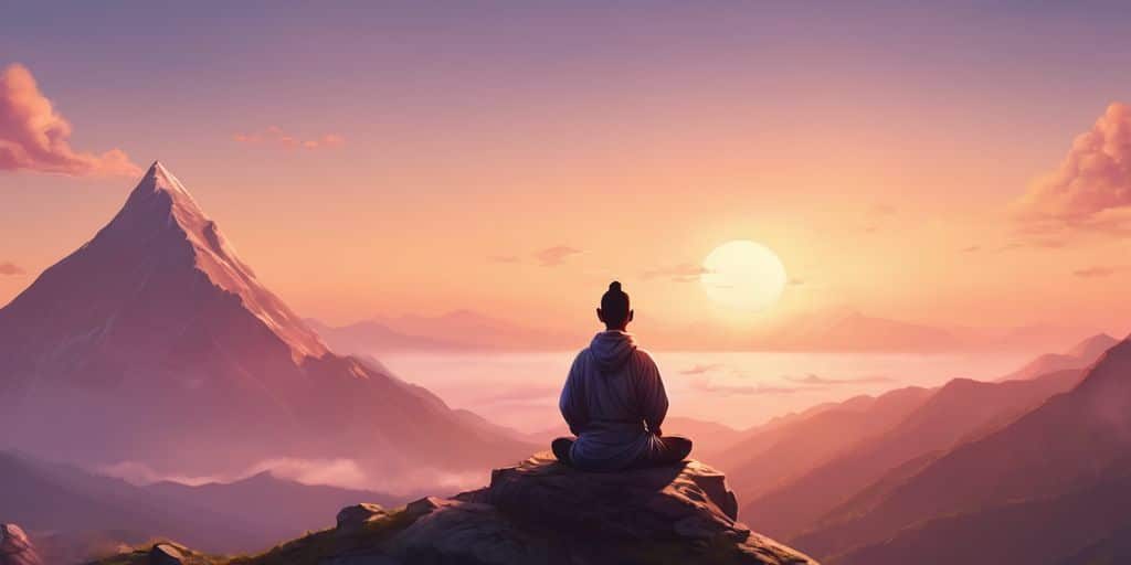 person meditating on a mountain peak at sunrise