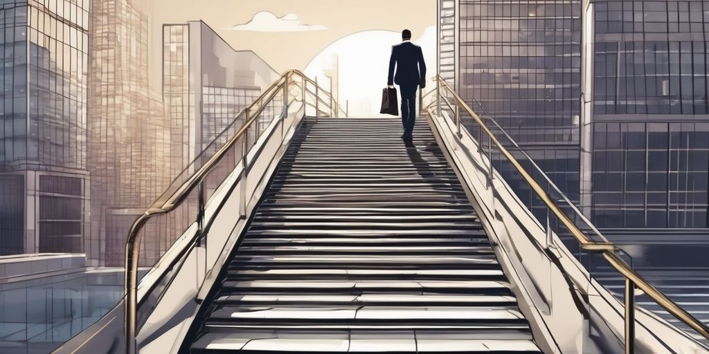 businessman climbing steps of success