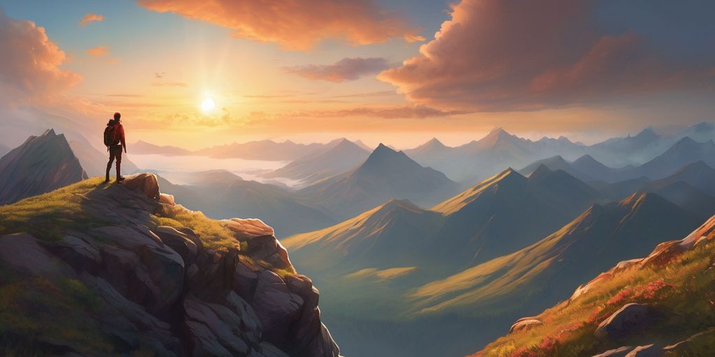 person standing on a mountain peak at sunrise, embracing the view, symbolizing personal growth and resilience