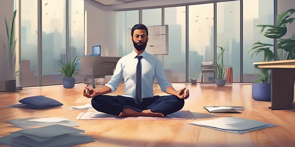 person meditating in a peaceful office environment