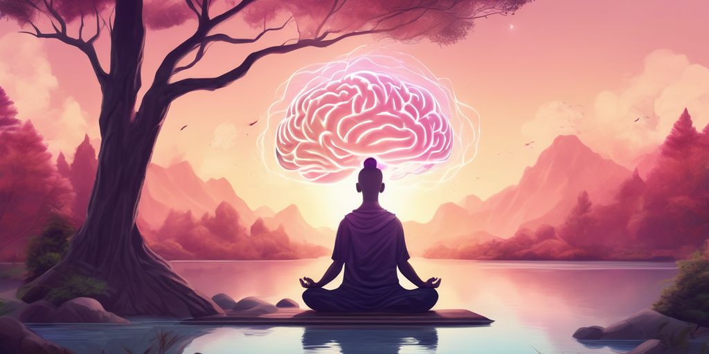 person meditating in a serene nature setting with brain waves illustration