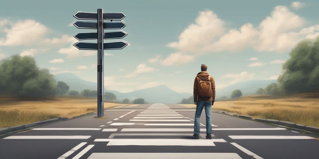 person standing at a crossroads with signposts pointing in different directions