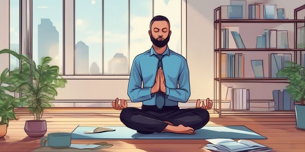 person meditating in a peaceful office environment