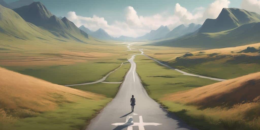 person standing at a crossroads in a serene landscape