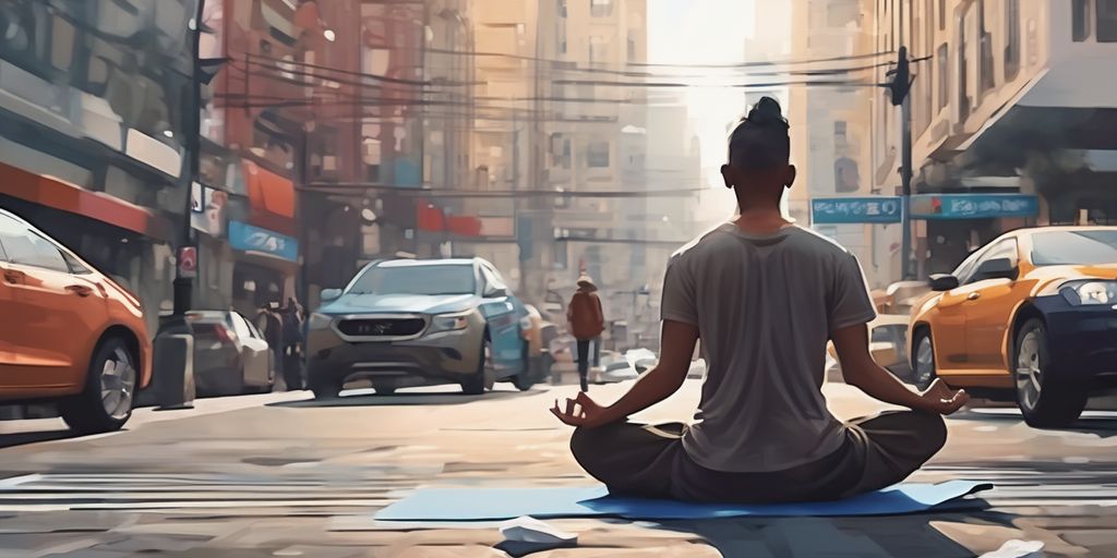 person meditating in a busy city