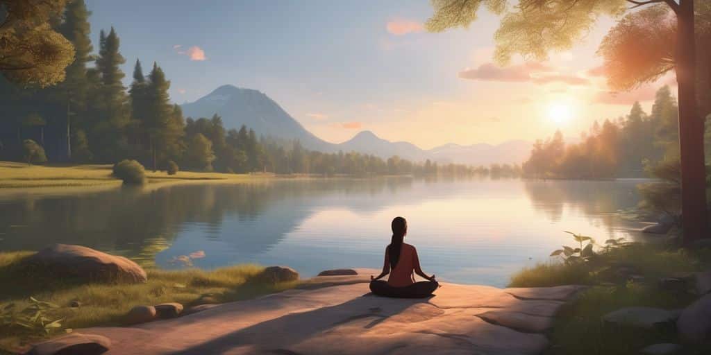 person meditating by a serene lake at sunrise