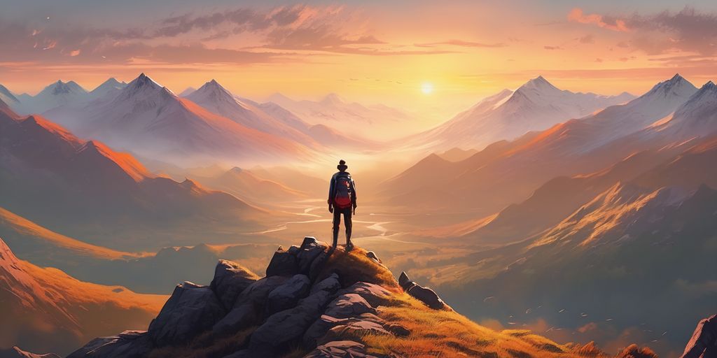 person standing on a mountain peak at sunrise