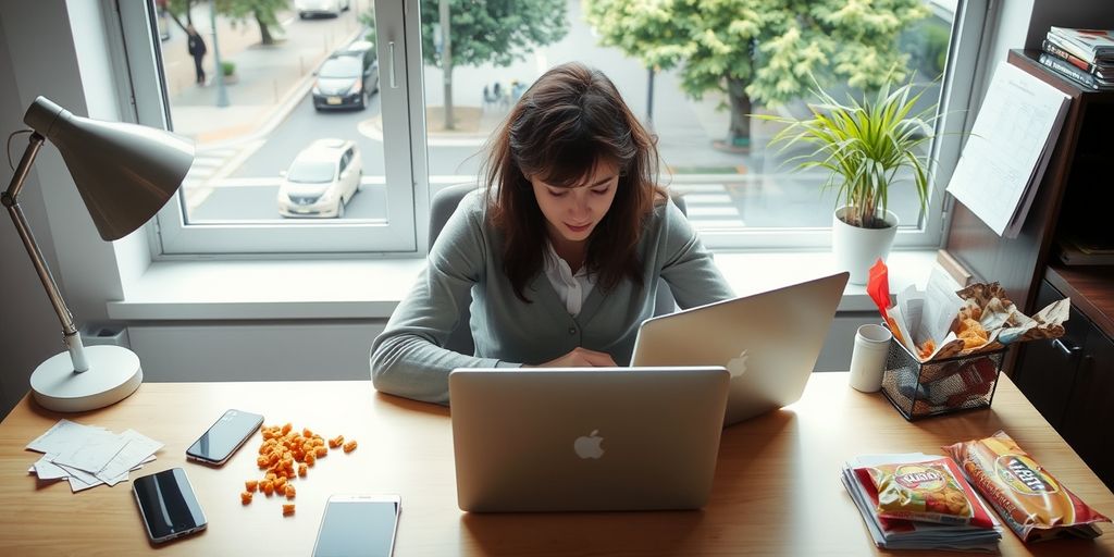 Person at desk with distractions