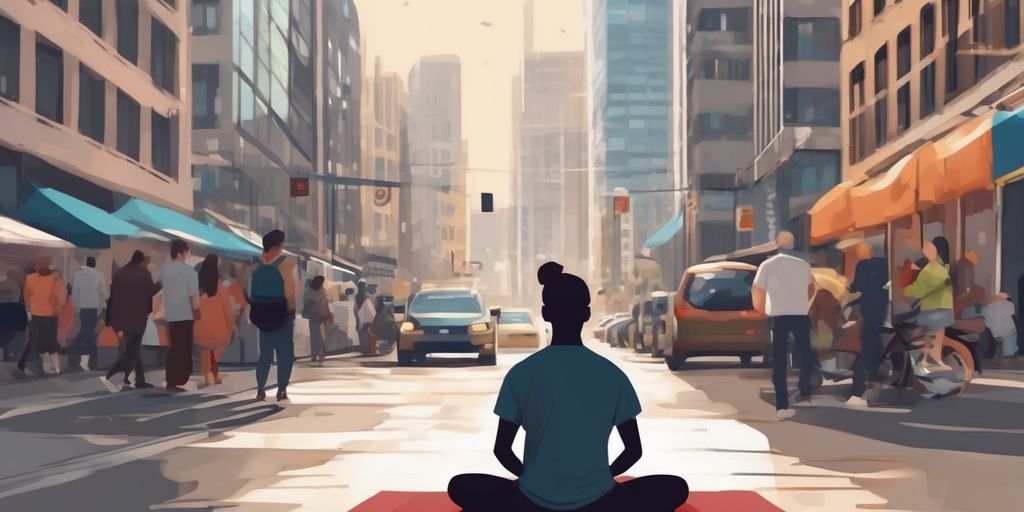 person meditating in a busy city