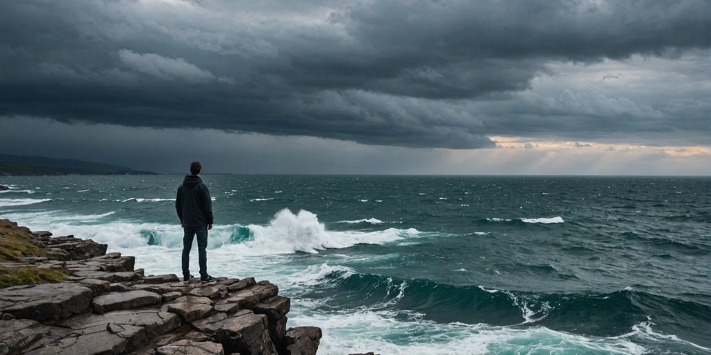 Person on cliff facing turbulent ocean