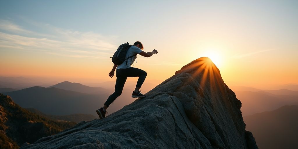 Person climbing mountain at sunrise