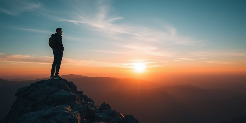 Person on mountain peak at sunrise.