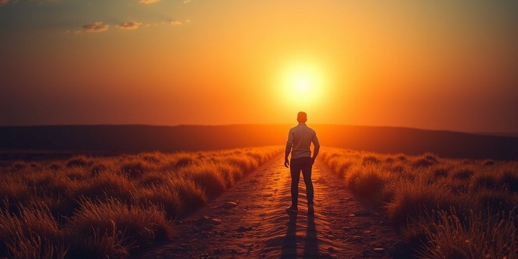 Person at path's start leading to glowing horizon