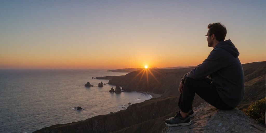 Person reflecting at sunset on a cliff edge.