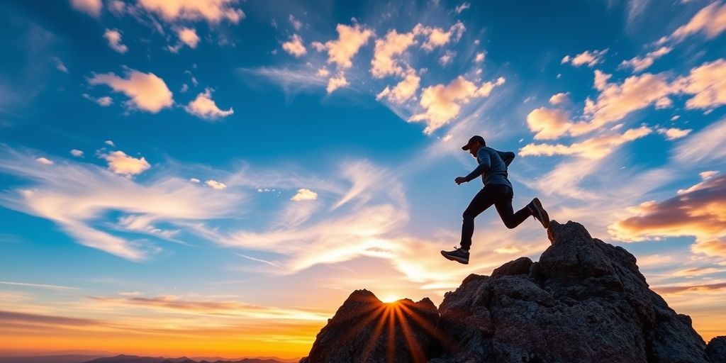 Person climbing mountain at sunrise