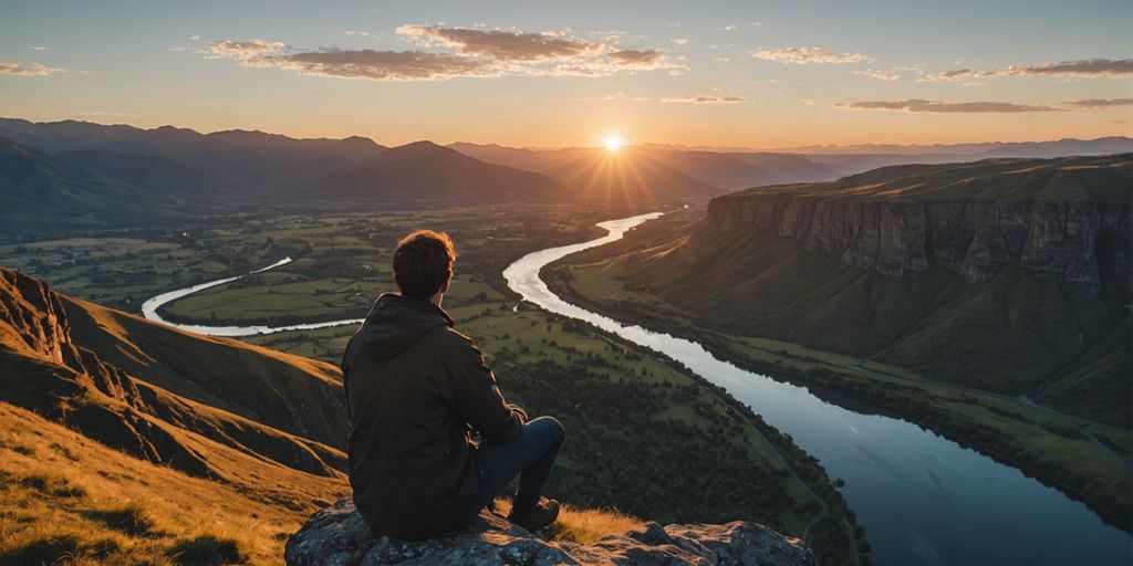 Person on cliff at sunset