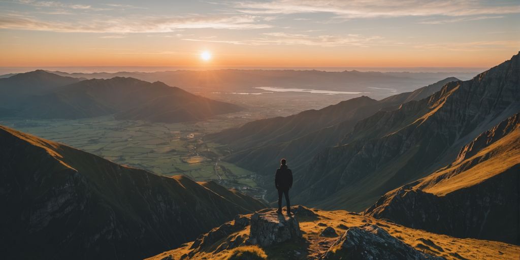 Person on mountain peak at sunrise