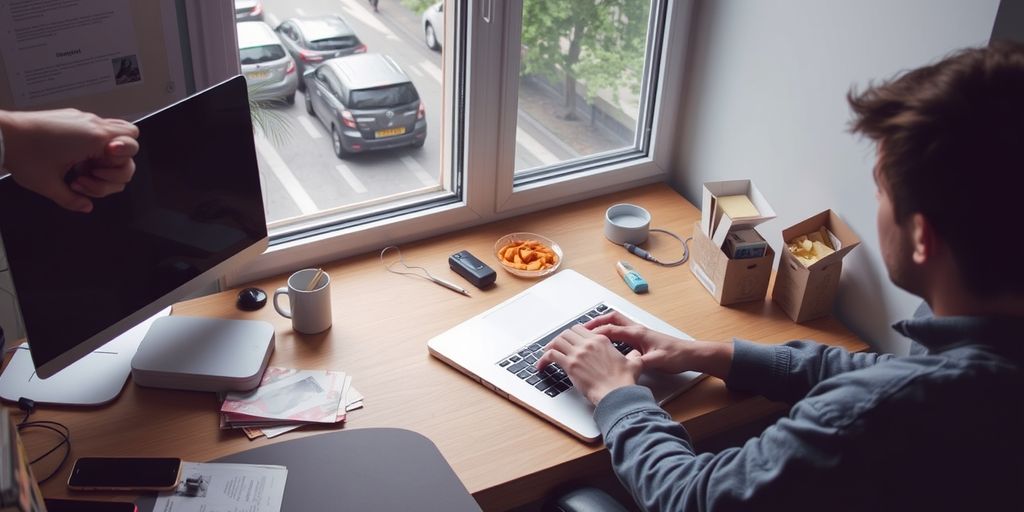 Person at desk with many distractions