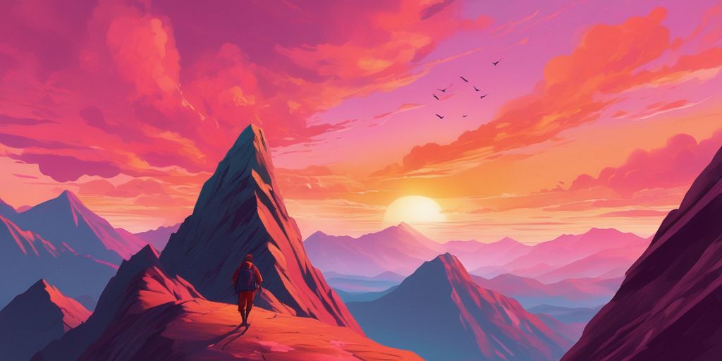 Person climbing mountain at sunrise