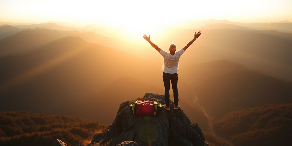 Person on mountain peak at sunrise, arms raised.