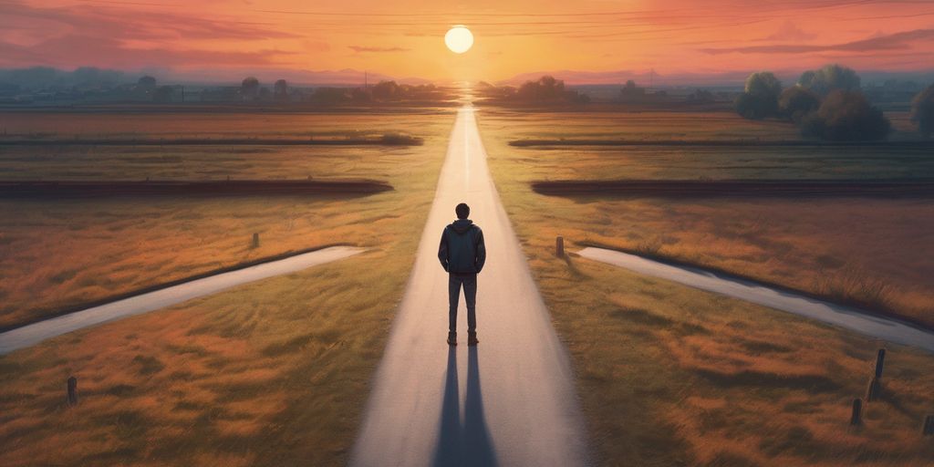 Person at crossroads with sunset background