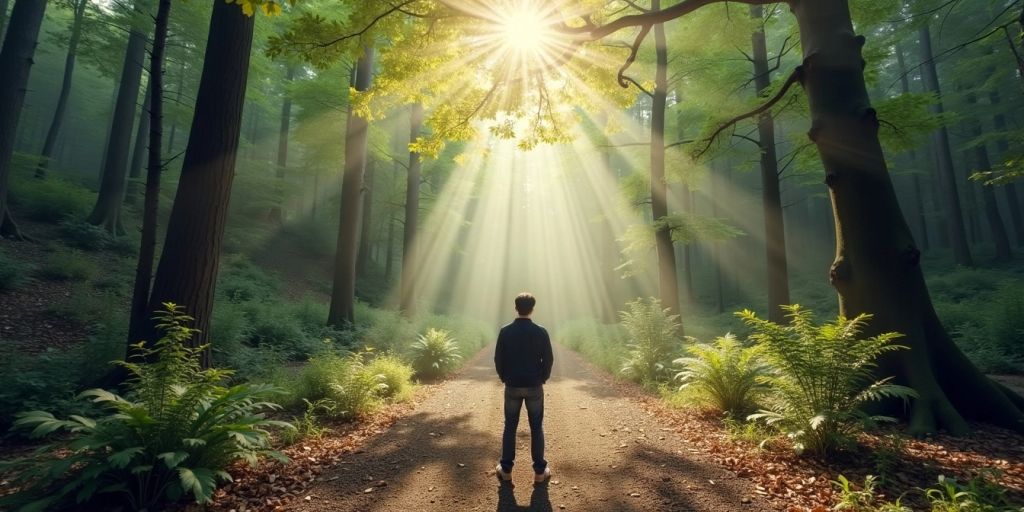 Person at a forest crossroads, looking contemplative.