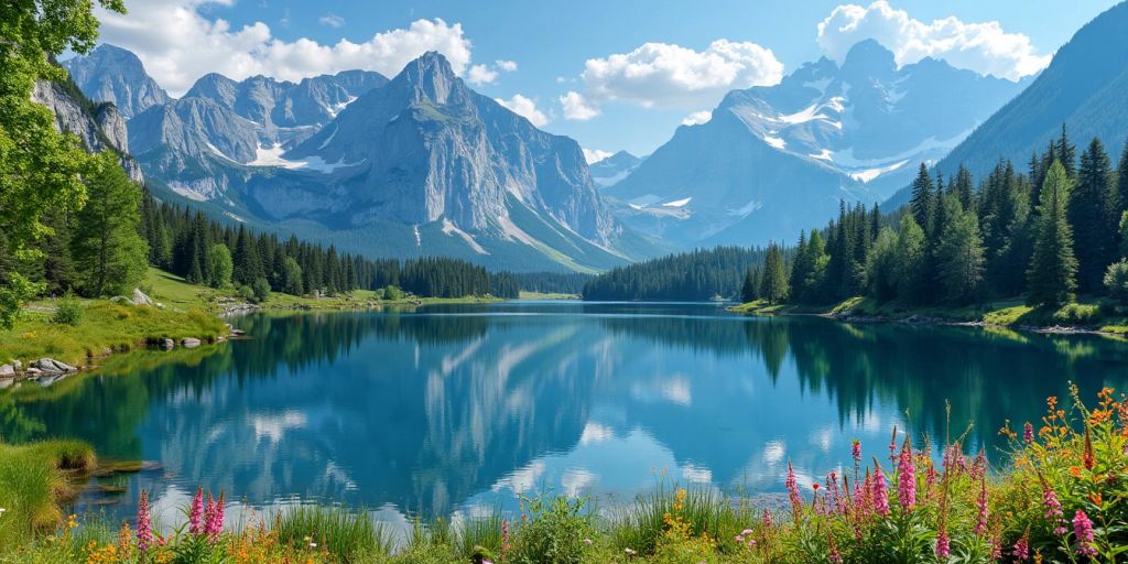 Scenic lake with mountains and trees under a blue sky.