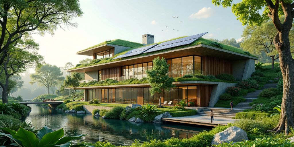 Modern sustainable architecture with greenery and solar panels.