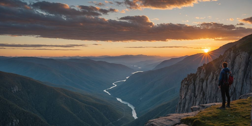 Person at cliff's edge looking at sunrise.