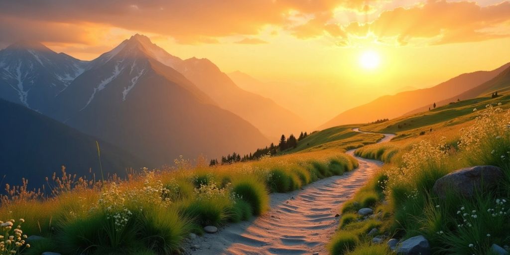 A sunrise over mountains with a winding path.