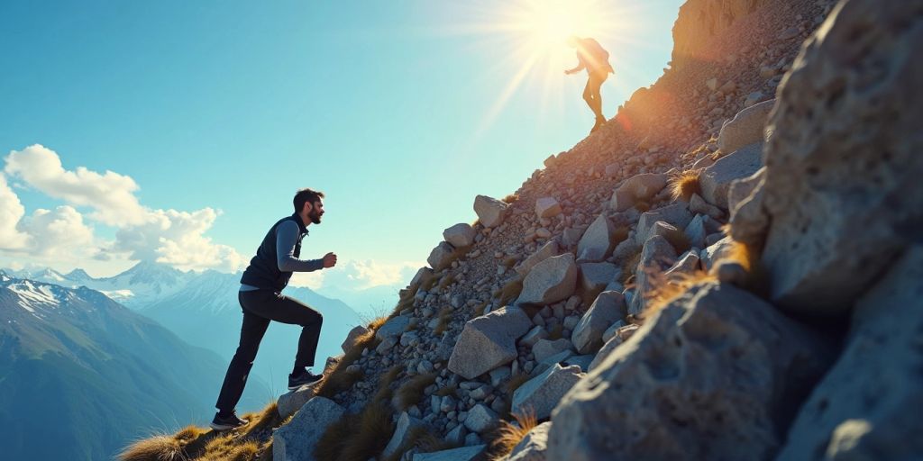 Person climbing a mountain towards their goals.