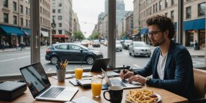 Person at desk with many distractions