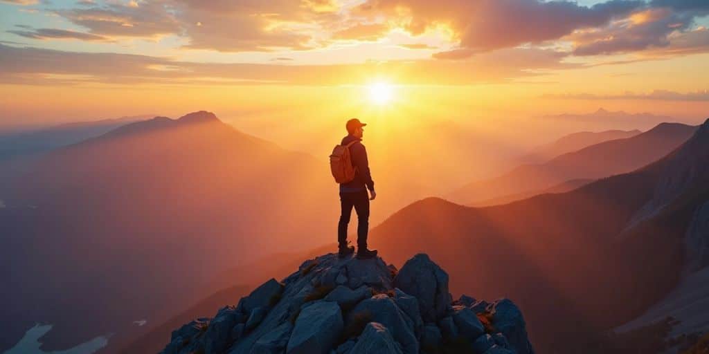 Person on mountain peak at sunrise