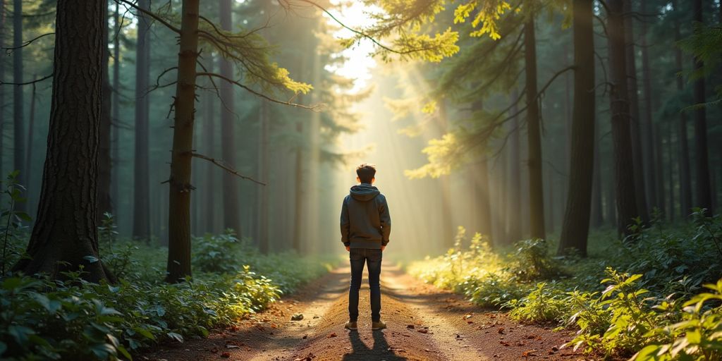 Person at crossroads in forest, looking contemplative.