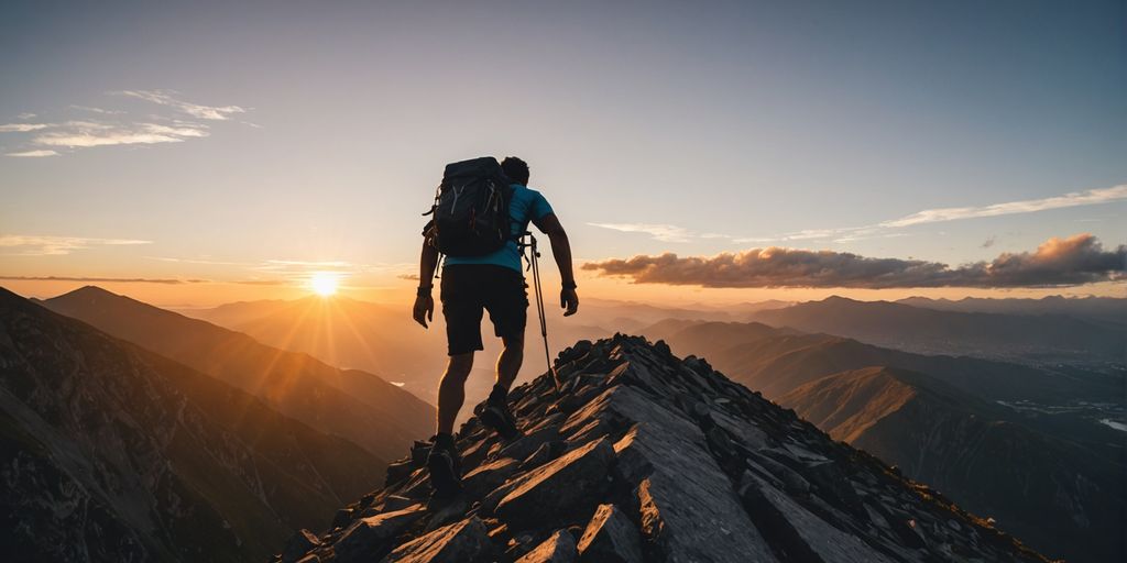 Person climbing mountain at sunrise