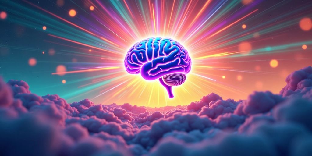 Colorful brain with light rays in a serene landscape.