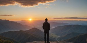 Person gazing at sunrise over mountains.