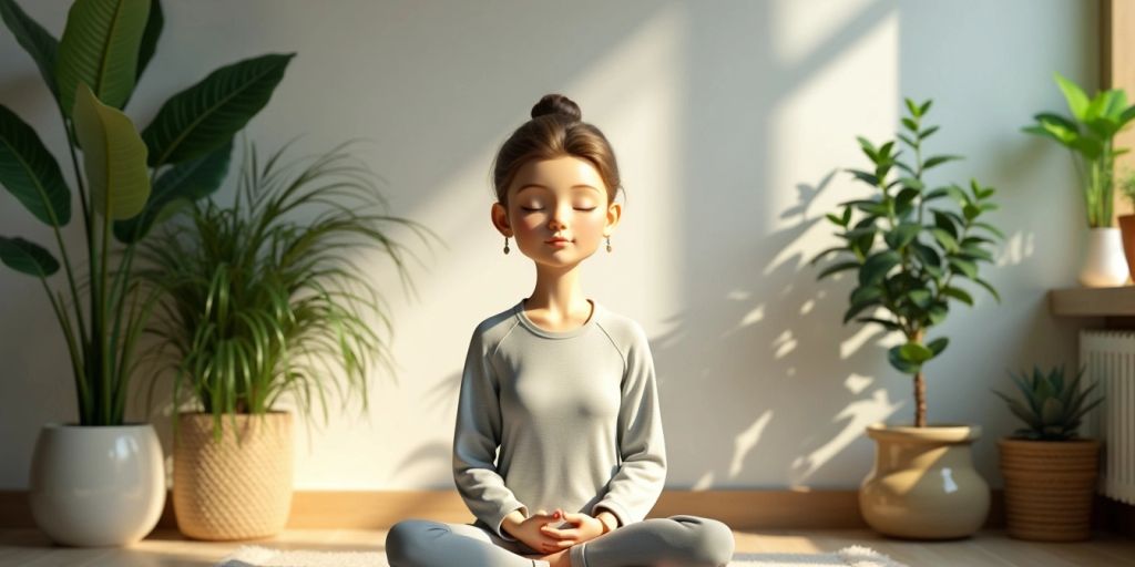 Person meditating in a calm, plant-filled workspace.