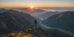 Person on mountain peak at sunrise.