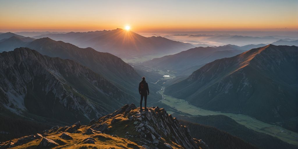 Person on mountain peak at sunrise.