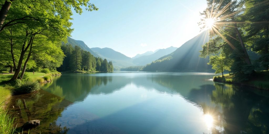 Peaceful lake with trees and blue sky