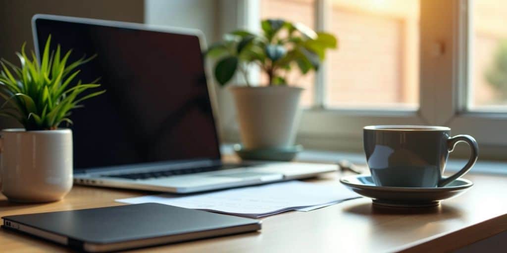 Clean desk with laptop, plant, and coffee cup.