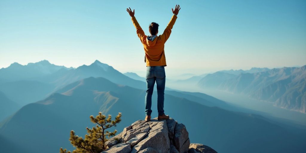 Person on mountain peak with arms raised, clear sky.