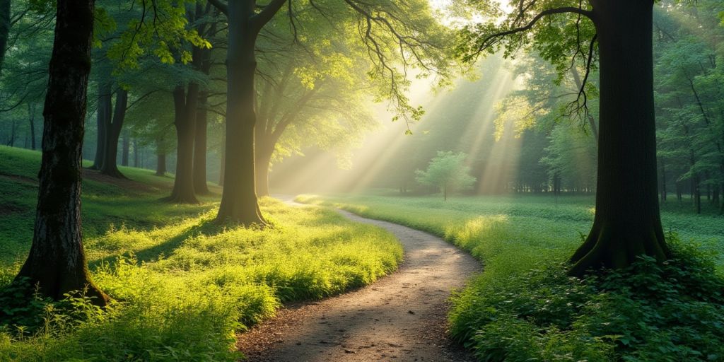 A winding path in a lush forest under soft sunlight.