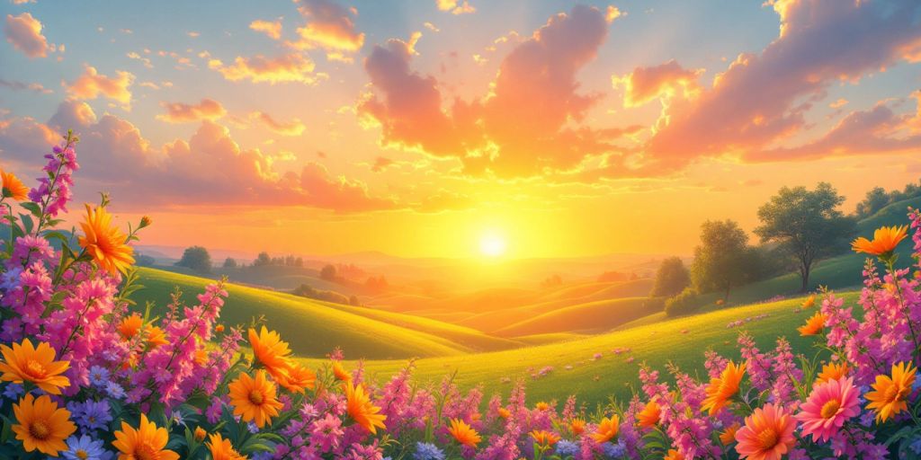 Bright sunrise with blooming flowers in a peaceful landscape.