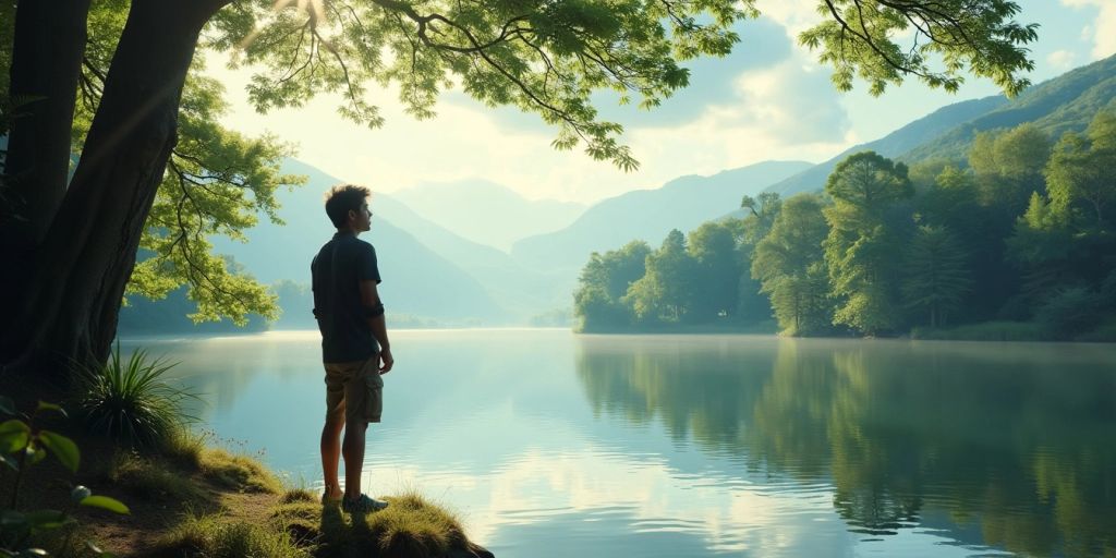 Person by a lake, reflecting in nature's tranquility.