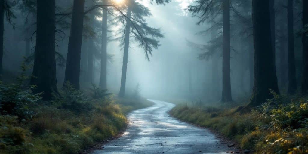 Foggy forest path inviting reflection and intuition.