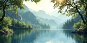 Tranquil lake scene with lush greenery and mountains.