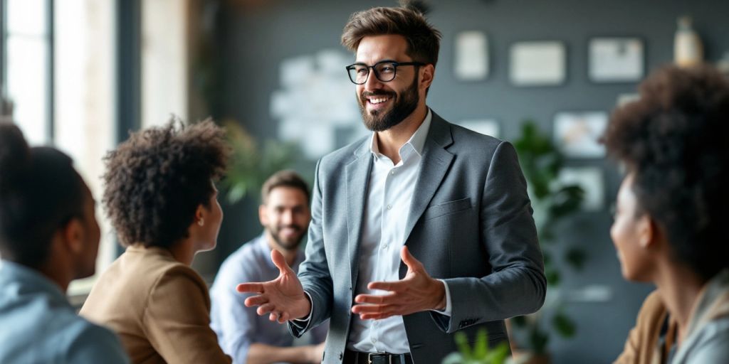 Leader engaging with a diverse team in an office.